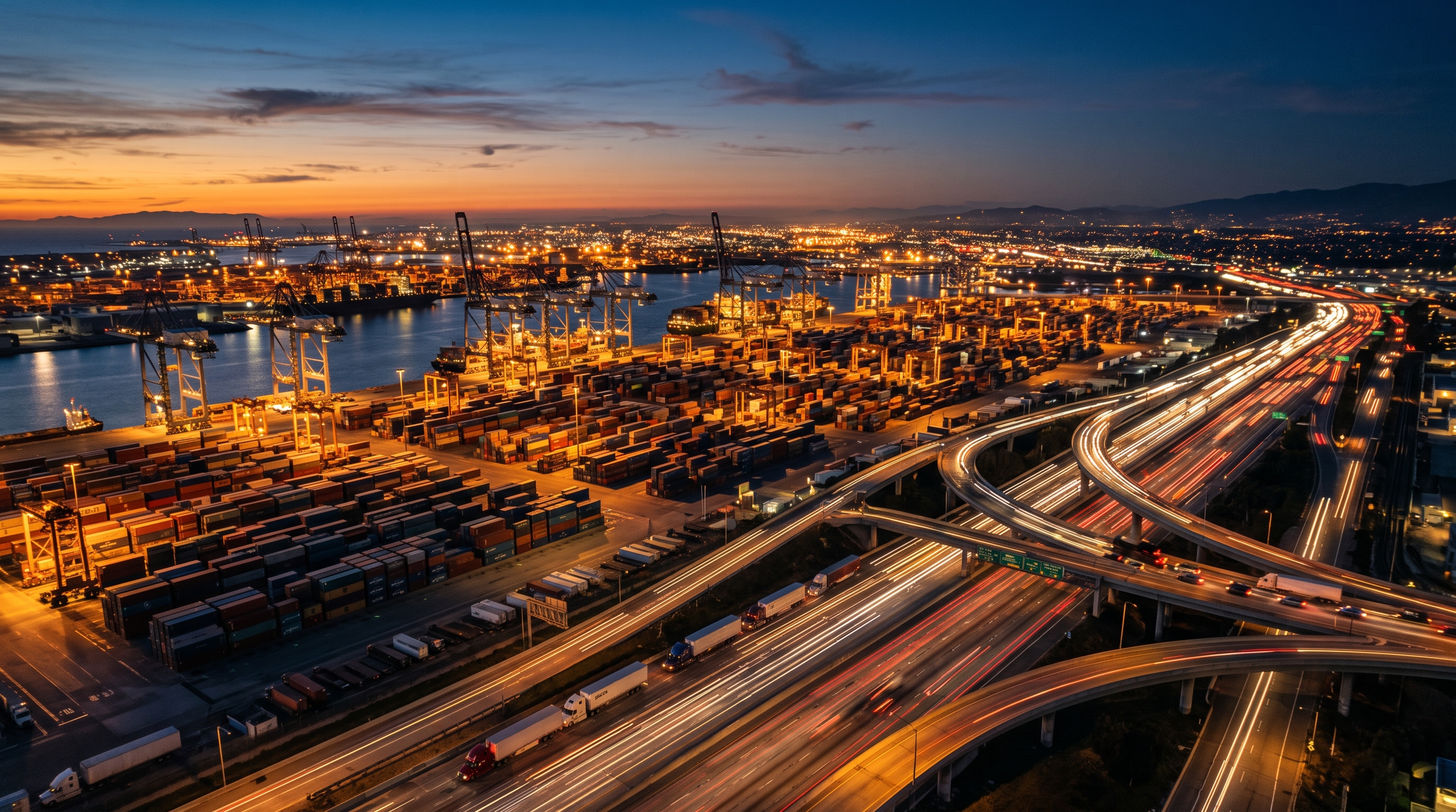 A Los Angeles freeway interchange at dusk with trucks on the highway.