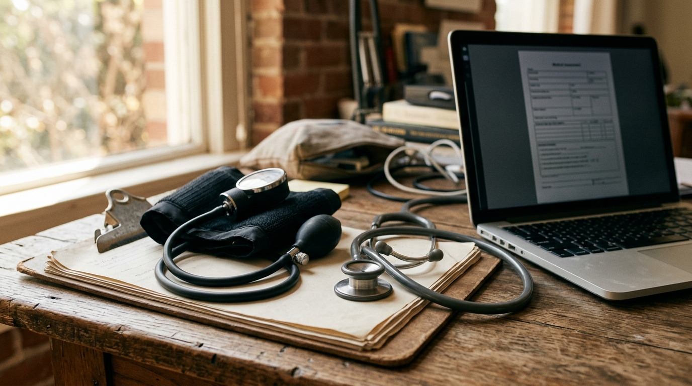 Close-up of a blood pressure cuff and exam equipment set up at our Los Angeles DOT clinic.