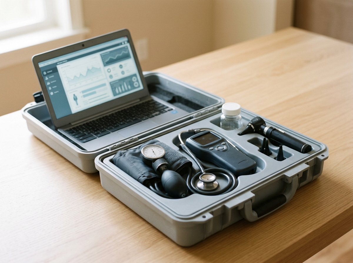 A DOT exam kit — blood pressure cuff, vision screener, and laptop — laid out and ready at the clinic.