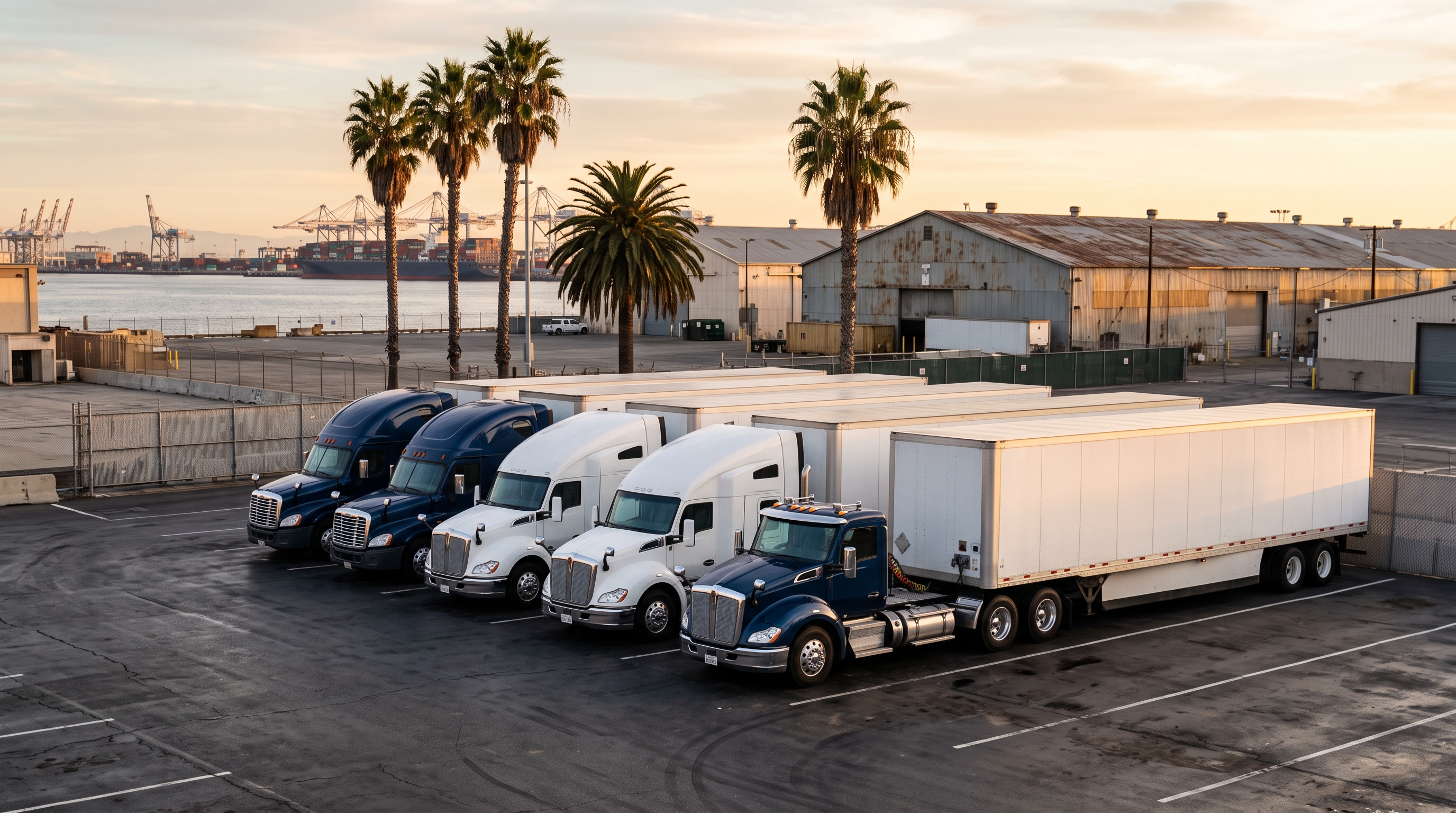 A commercial fleet yard with trucks staged for the workday near the Los Angeles port corridor.