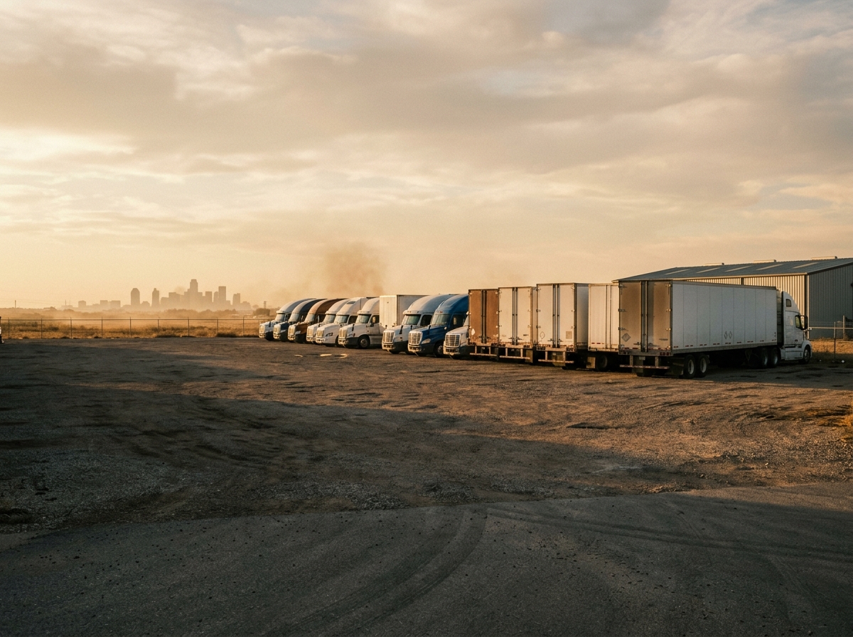 Semi trucks staged at a Los Angeles-area freight yard, golden hour light across the fleet.